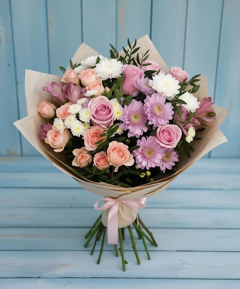 Букет цветов из: Хризантемы, Розы и Альстромерии в Сикаках