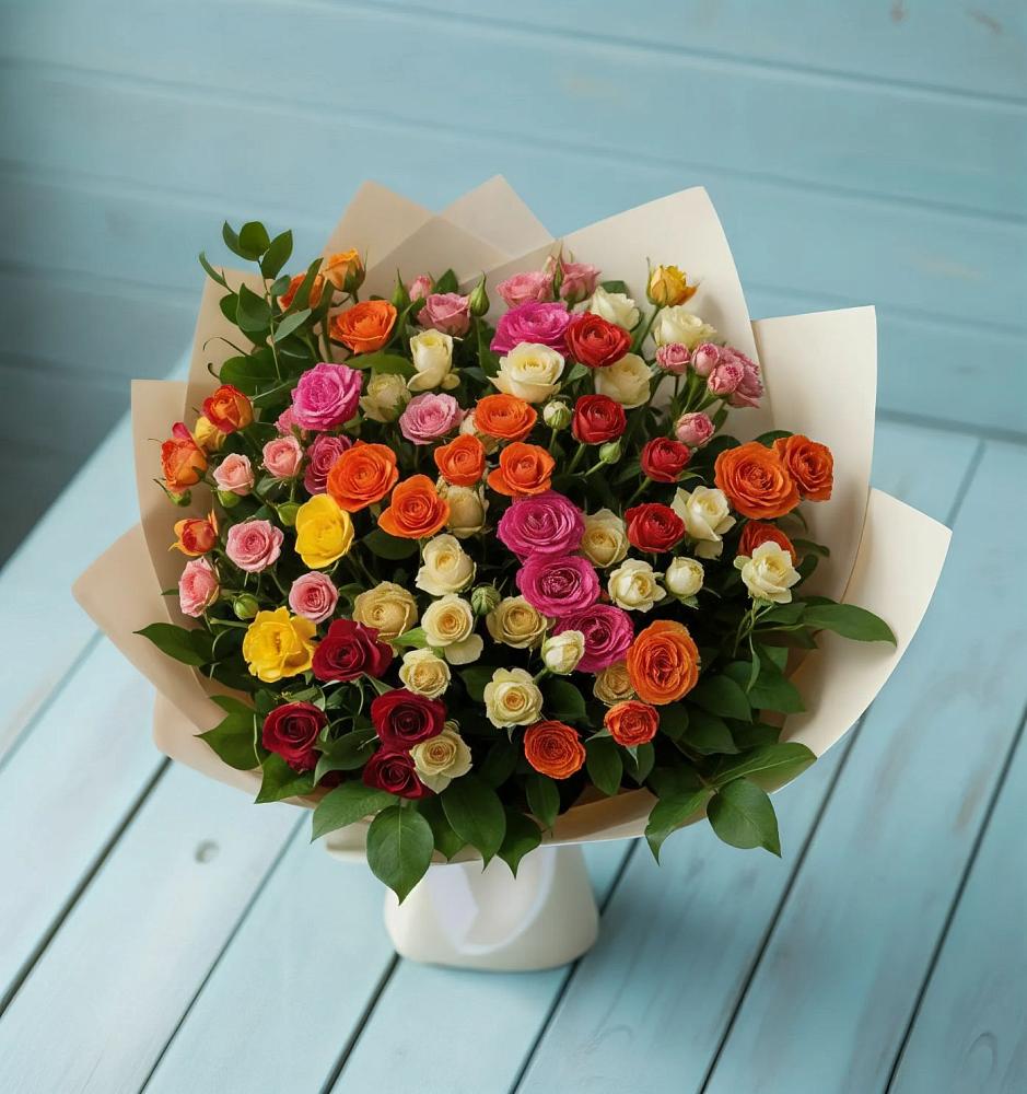 Букет Микс из разноцветных кустовых роз в Сикаках