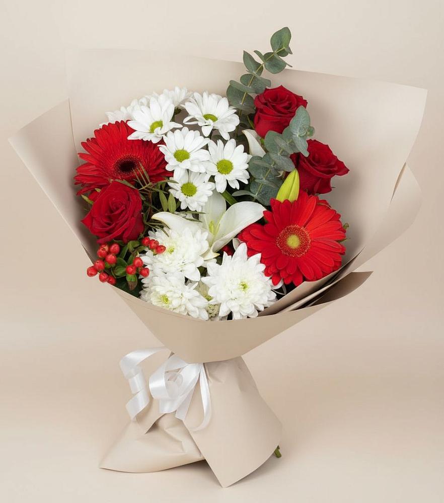 Букет цветов из: Розы, Хризантемы, Герберы и Лилии в Сикаках