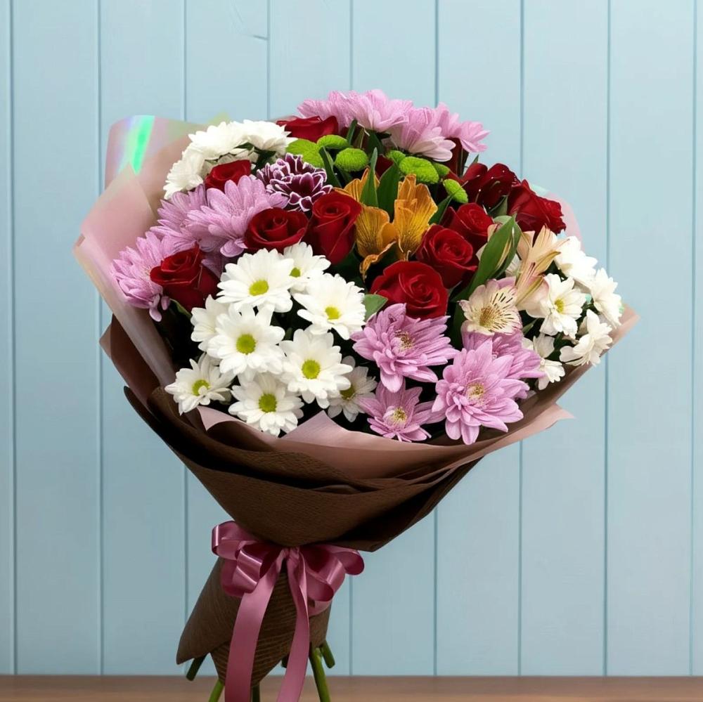 Букет цветов из: Розы, Хризантемы и Альстромерии в Сикаках