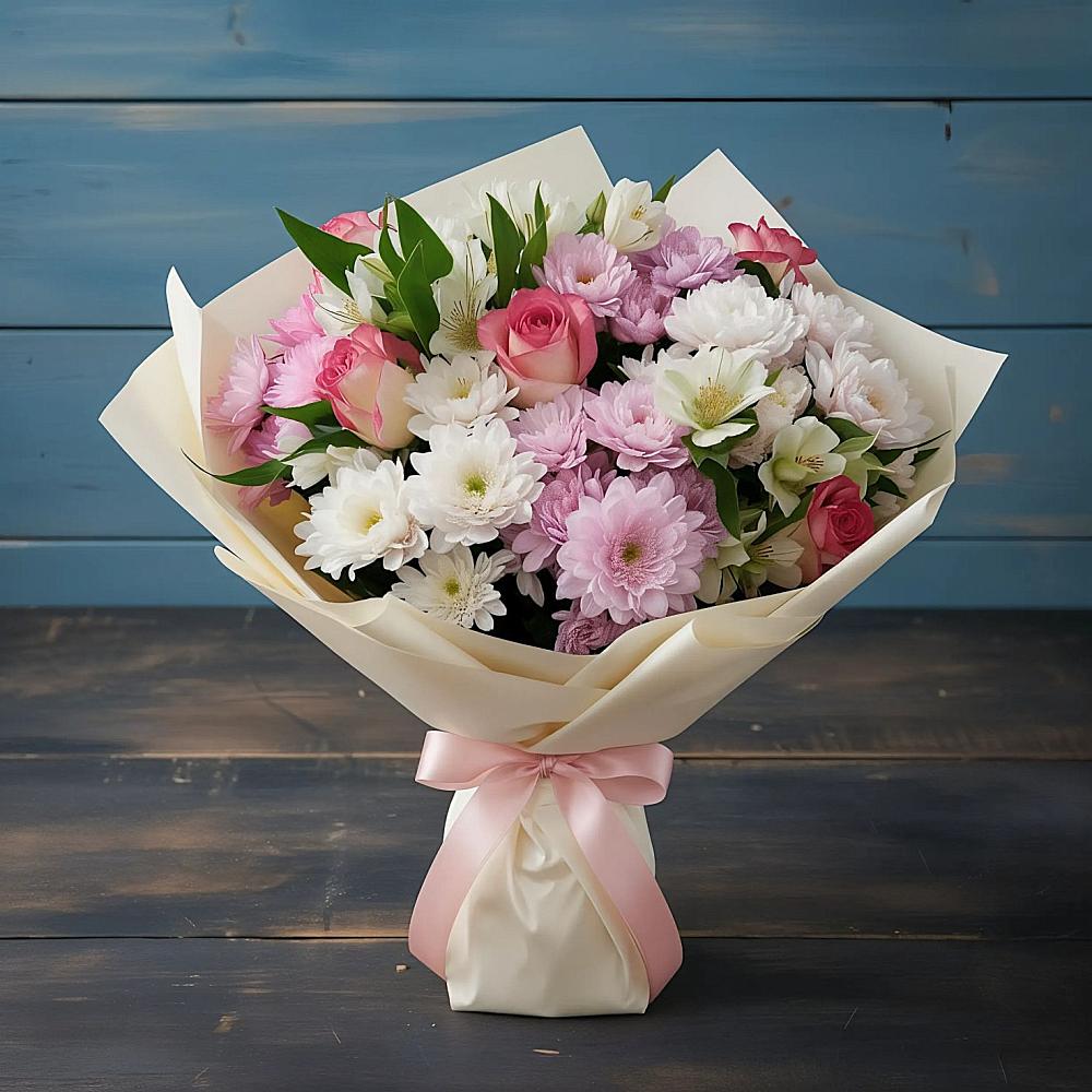 Букет цветов из: Хризантемы, Альстромерии и Розы в Сикаках